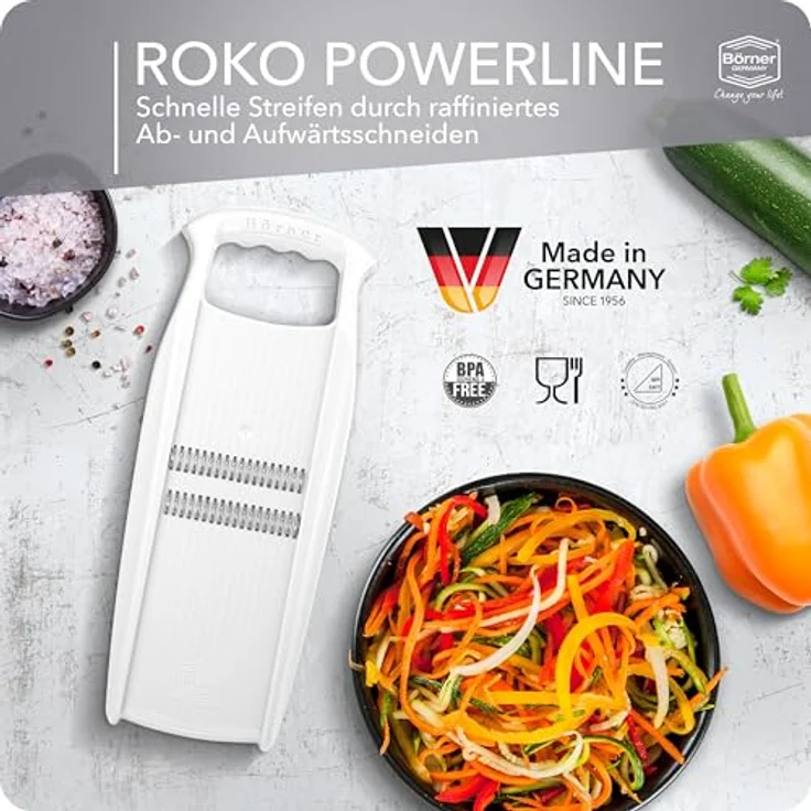 Börner Gemüseschneider Roko PowerLine, Rohkostschneider & Julienneschneider, robuste Reibe ohne Weichmacher und BPA, für feine Julienne-Streifen – Bild 4