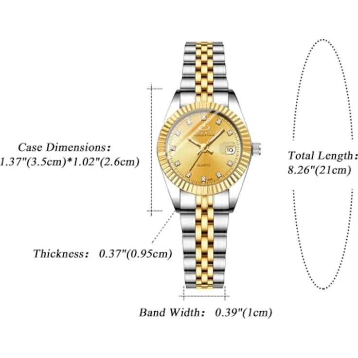 JewelryWe Paar Uhr Analog Quarz mit Kalender, 30M wasserdicht, Edelstahlarmband, Herren- und Damenmodell, Gold Strass Zifferblatt – Bild 3