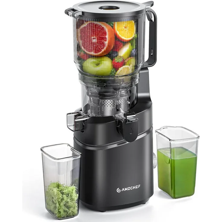 AMZCHEF Zentrifugenentsafter CE-SJ-03OT6C-BK, 250 W, 150 mm Öffnung, 2L Kaltpress, automatischer Entsafter mit Auto-Cut und anti-tropf Deckel