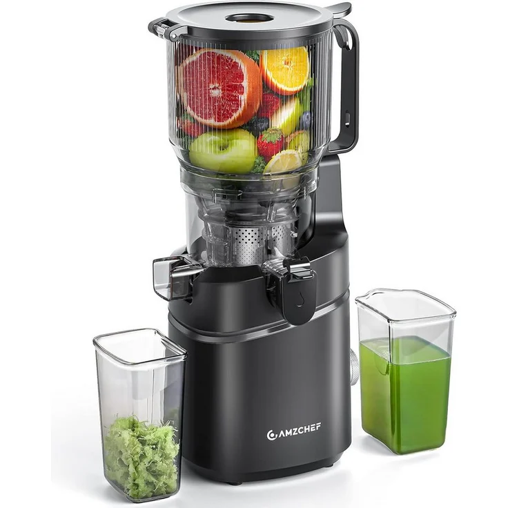 AMZCHEF Zentrifugenentsafter CE-SJ-03OT6C-BK, 250 W, 150 mm Öffnung, 2L Kaltpress, automatischer Entsafter mit Auto-Cut und anti-tropf Deckel