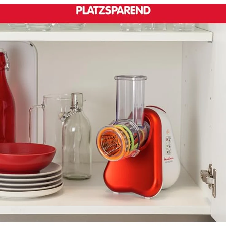 Moulinex DJ7535 Fresh Express 3-in-1, 150W, Akku-Reibe, 3 Trommmelsätze, Kunststoff, rot, weiß – Bild 6