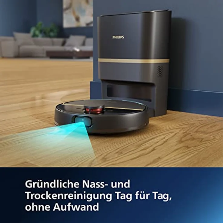 Philips XU7100/01 HomeRun Serie 7000 Saug-Wischroboter, ultrastarke Saugleistung (5.000 Pa), Erkennung kleiner Hindernisse, Absaugstation, schwarz, Saugroboter, App – Bild 2