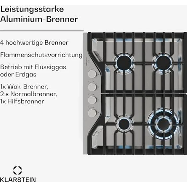 Klarstein Turbocast Gaskochfeld - 4-Brenner Edelstahl, 3,4 kW Wokbrenner, Gusseiserne Halter, Elektrische Zündung, Sicherheitsabschaltung, LPG-Umrüstsatz, Gasherd Für Flexibles Kochen – Bild 4