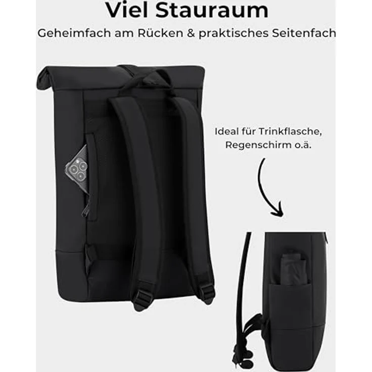 "Johnny Urban Cityrucksack Harvey Medium, Rolltop Damen Herren, Laptop Fach (1-tlg), Wasserabweisend, Schwarz" – Bild 3