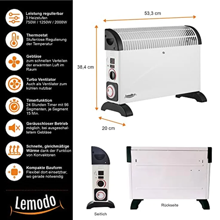 LEMODO Elektroheizung | Mobile Konvektor Heizung | Elektrische Heizung mit 3 Leistungsstufen (750W / 1.250W / 2.000W) | Heizgerät ohne Gas und ohne Öl | Energiesparender Elektroheizkörper – Bild 3