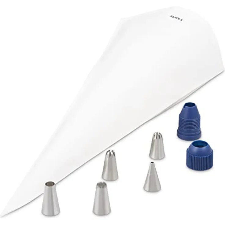 Zyliss E980215 Spritzbeutel Set, Baumwolle/Edelstahl, Pfeifen-Zuckerguss/Kuchendekoration/Zuckerguss/Gebäckfüllung, Wiederverwendbare Baumwollbeutel, Inklusive 5 verschiedenen Düsen