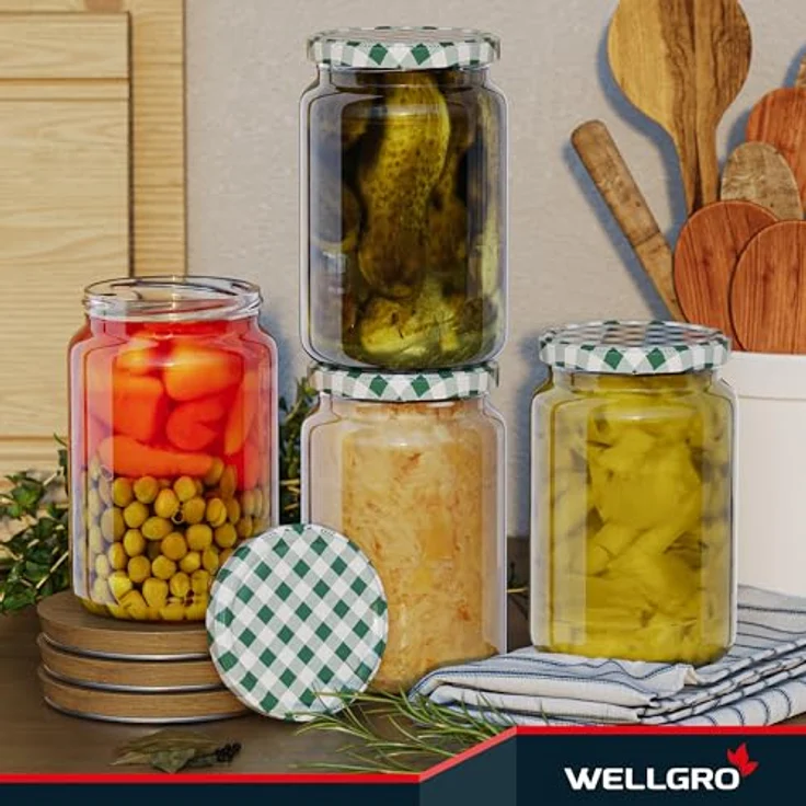 WELLGRO 6x Einmachgläser mit Schraubdeckel, 635ml, grün karierte To 82 Deckel, Made in Germany, luftdicht, spülmaschinengeeignet – Bild 5
