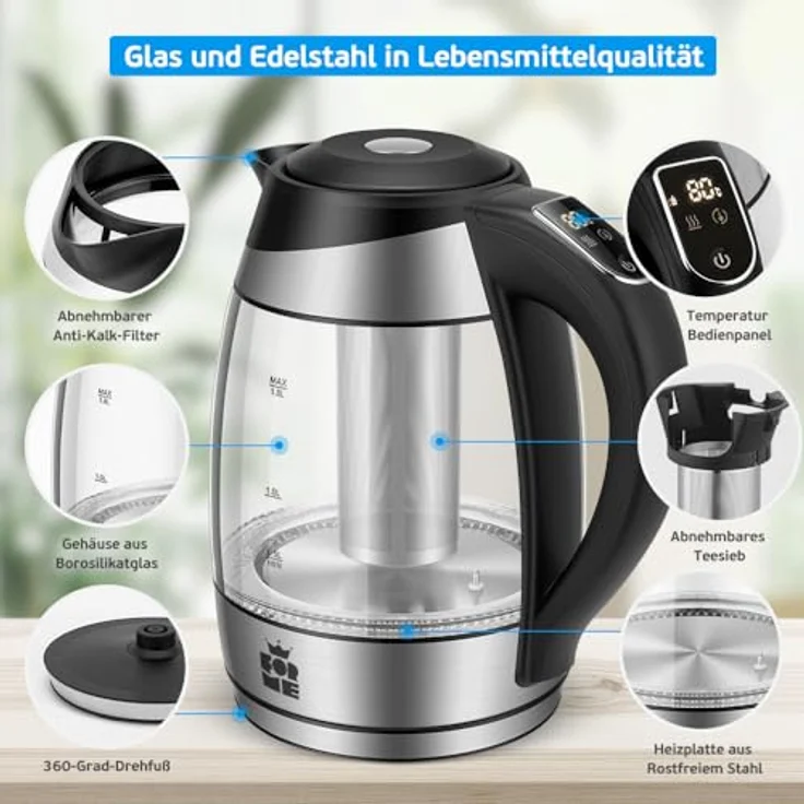 ForMe FKG-418 Glas-Wasserkocher, 2200W, 1,8 Liter, Warmhaltefunktion, LED, Temperatur einstellbar, transparent, silber, schwarz – Bild 4