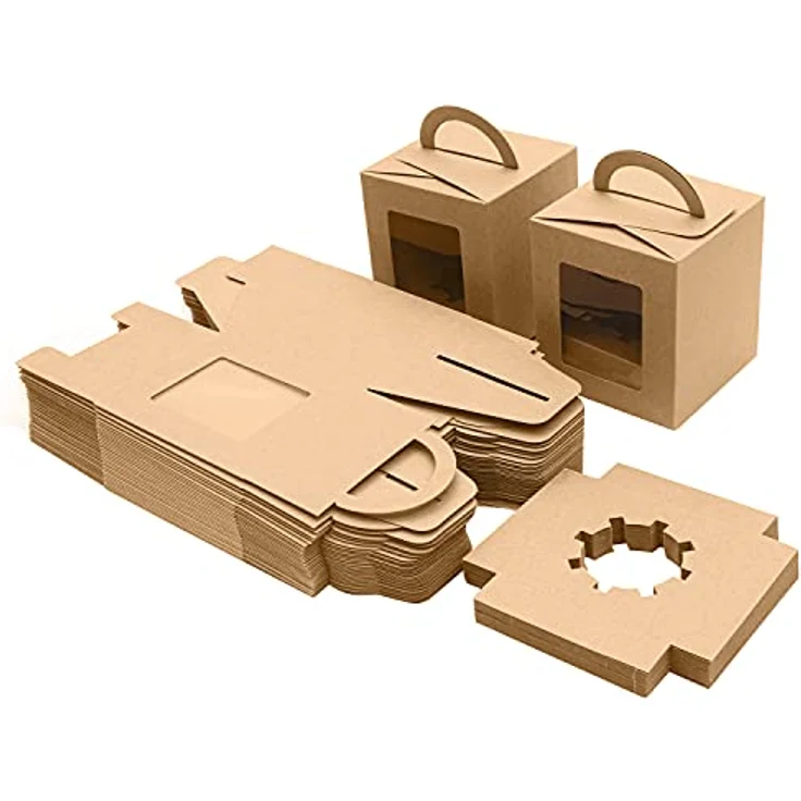 BELLE VOUS Gebäckdose aus Kraftpapier, braun, mit Fenster und Griff (50 Stück) – 9,39 x 9,39 x 10,66 cm – transparente und Einweg-Kuchenbox – Kekse, Cupcakes, Desserts und Torten – Bild 1