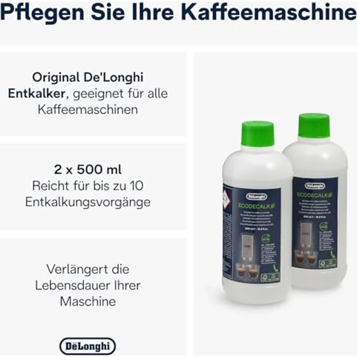 De'Longhi Original EcoDecalk DLSC502 Entkalker für Kaffeemaschinen, 2x500ml, natürliche Rohstoffe, für 10 Entkalkungsvorgänge, Weiß – Bild 2