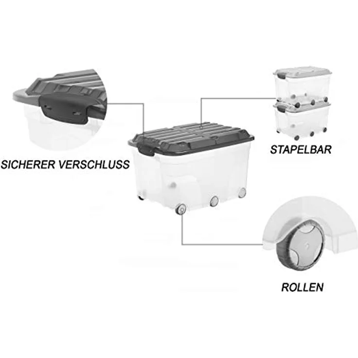 Rotho Roller 6 Aufbewahrungsbox 57l mit Deckel und Rollen, Kunststoff (PP) BPA-frei, transparent/anthrazit, 57l (59,5 x 40,0 x 37,0 cm) – Bild 3