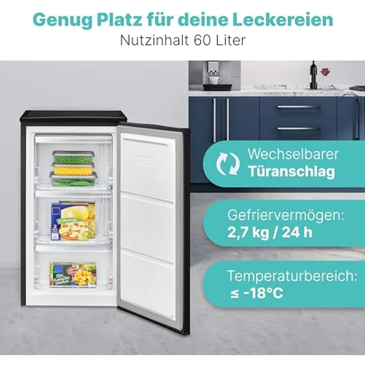 Bomann Gefrierschrank GS 7256, 4 Sterne mit 60L Fassungsvermögen, 3 Fächer, leise, wechselbarer Türanschlag, schwarz – Bild 5