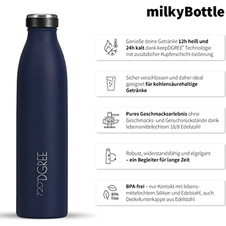 720°DGREE Edelstahl Trinkflasche “milkyBottle”, 750ml, BPA-Frei, Auslaufsicher, Kohlensäure geeignet, Thermosflasche für Sport, Uni, Schule, Outdoor und Camping – Bild 2