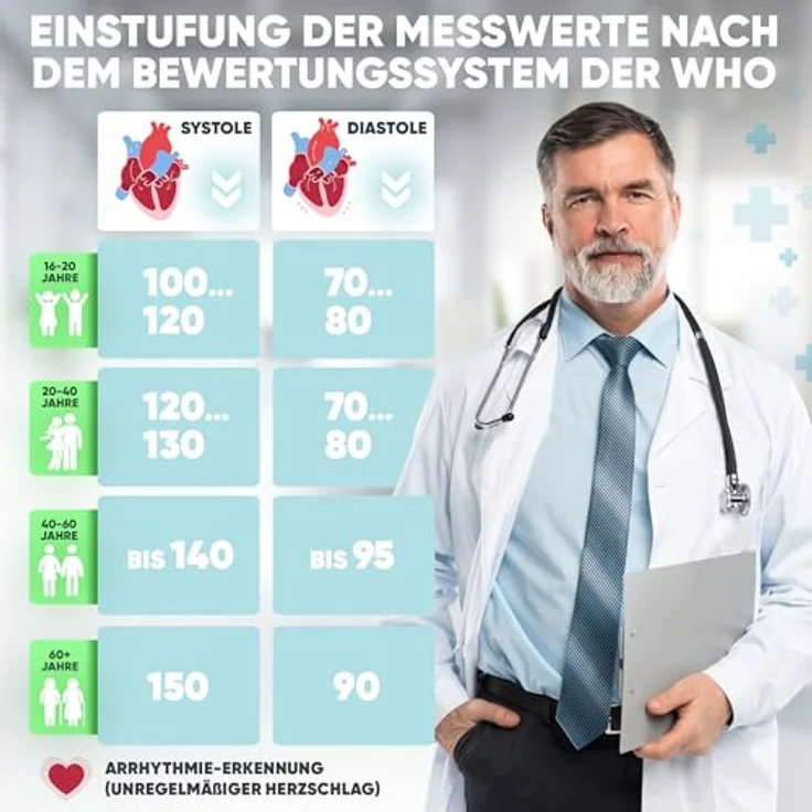 ProfiCare® Blutdruckmessgerät PC BMG 3121 für präzise Blutdruck und Pulsmessung mit Arrhythmie-Erkennung | Oberarm Blutdruckmessgerät mit WHO Bewertung, 2x 99 Speicherplätze | extra großes LCD-Display – Bild 5