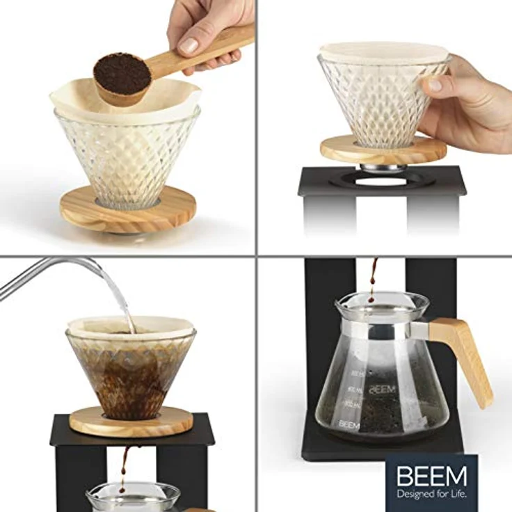 BEEM Pour Over Kaffeebereiter Set - 4 Tassen, Classic Selection, 4-teilig, Glas-Handfilter in Diamantoptik, Größe 2, 0,5 l Glaskanne inkl. Deckel, Silikonunterlage – Bild 4