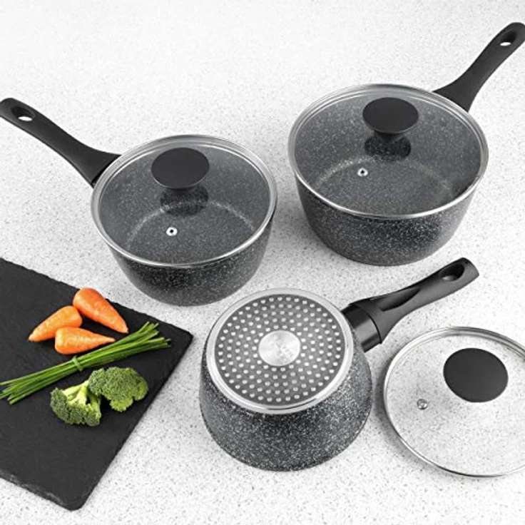 Salter BW05751S 3-teiliges Kochtopf-Set - Megastone Antihaft Topf-Set mit Hartglas Deckel und Dampfdüsen, 16cm/1.5L, 18cm/1.8L, 20cm/2.4L, Metallutensilien, induktions und Spülmaschinenfest, PFOA-frei – Bild 5