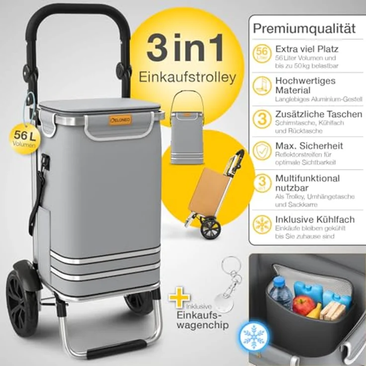 ELONEO Einkaufstrolley klappbar, 3in1 Einkaufswagen mit Kühlfach, 56L Kapazität, Silber, abnehmbare Umhängetasche & Sackkarre bis 50kg – Bild 3