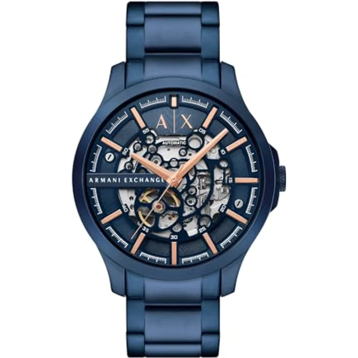 Armani Exchange Herren Analog Automatik Uhr mit Edelstahl Armband AX2457, Blaues Zifferblatt, Wasserdicht bis 50m