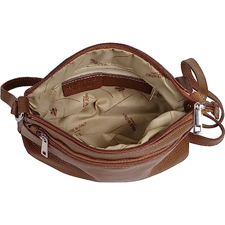 Cluty Umhängetasche, echt Leder, Made in Italy, 15 cm x 27 cm, mit 5 Reißverschlussfächern und verstellbarem Schultergurt – Bild 6