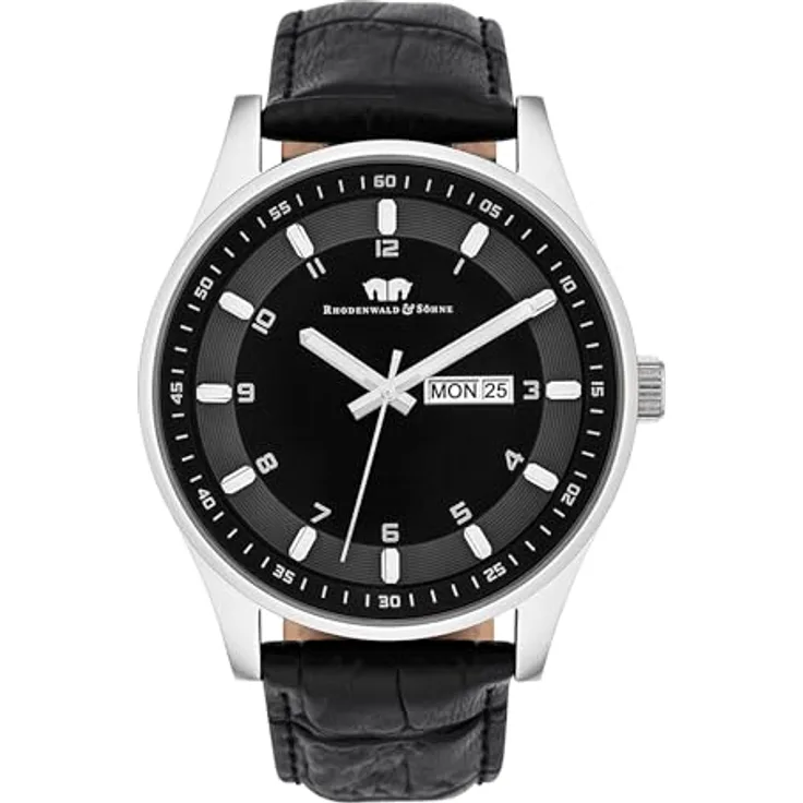 Rhodenwald & Söhne Couragian Herrenuhr Quarzuhr Edelstahl Silber/schwarz 5 ATM Präzisions-Quarzwerk Echtlederarmband schwarz