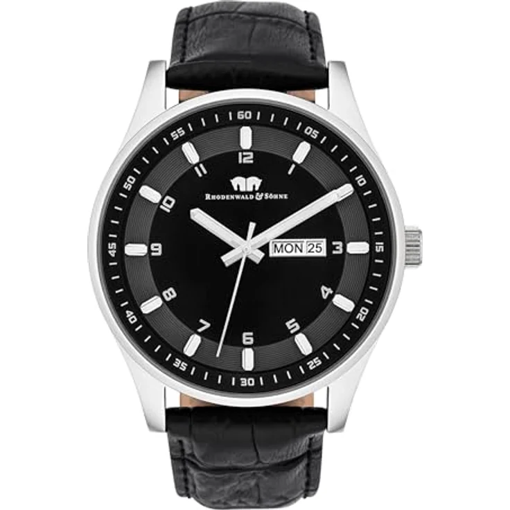 Rhodenwald & Söhne Couragian Herrenuhr Quarzuhr Edelstahl Silber/schwarz 5 ATM Präzisions-Quarzwerk Echtlederarmband schwarz – Bild 1