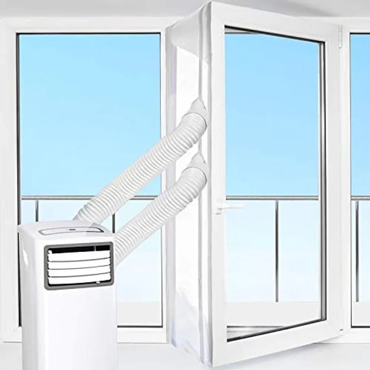 HOOMEE Fensterabdichtung für mobile Klimageräte, 560cm, energetisch effizient mit extra starkem Reißverschluss und zwei Öffnungen für Ein- und Zweischlauchtechnik