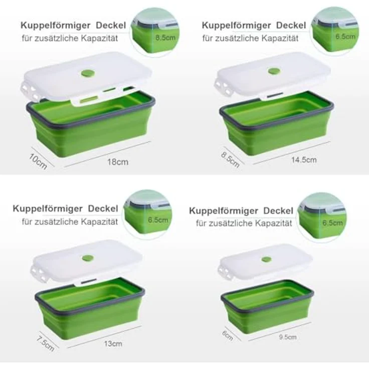 König Design Faltbare Frischhalteboxen 4 Stück aus Silikon - Set mit 4 unterschiedlichen Größen, auslaufsicher, 4-fach-Klick-Verschluss (Grün) – Bild 5