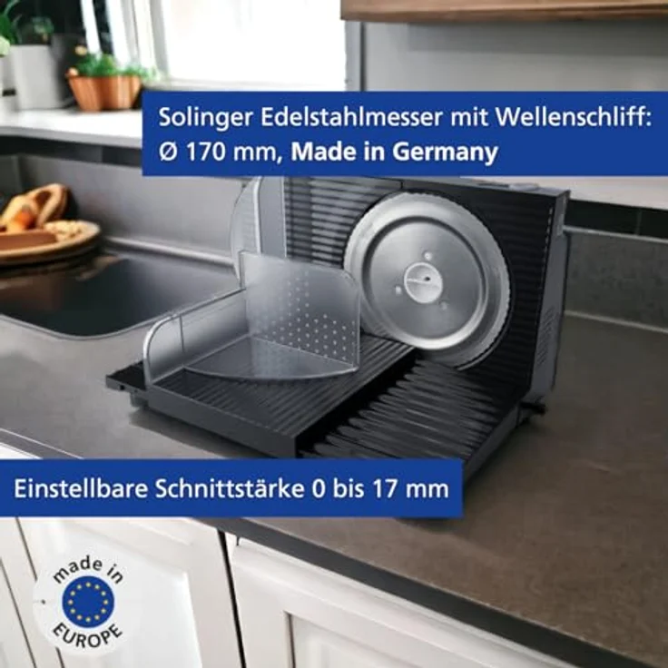 Steba AS 100 Allesschneider, elektrisch, freitragend, 100W, 17mm Schnittstärke, 170 mm Wellenschliffmesser, schwarz – Bild 2