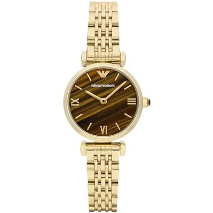 Emporio Armani Quarzuhr AR11703, Damenuhr mit Tigeraugezifferblatt, goldfarbenes Edelstahlarmband, analog