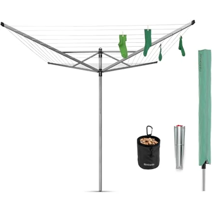 Brabantia Lift-O-Matic Wäschespinne, mit Wäscheklammerbeutel, Wäscheklammern, Abdeckung und Erdspieß – Bild 2