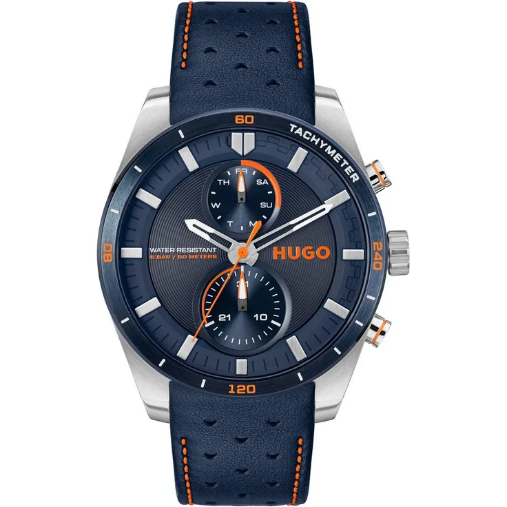 "HUGO Multifunktionsuhr #FAST 1530371, Herrenuhr mit blauem Zifferblatt und Lederarmband"