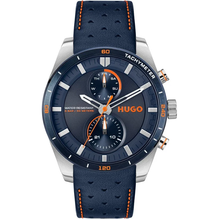 "HUGO Multifunktionsuhr #FAST 1530371, Herrenuhr mit blauem Zifferblatt und Lederarmband" – Bild 1