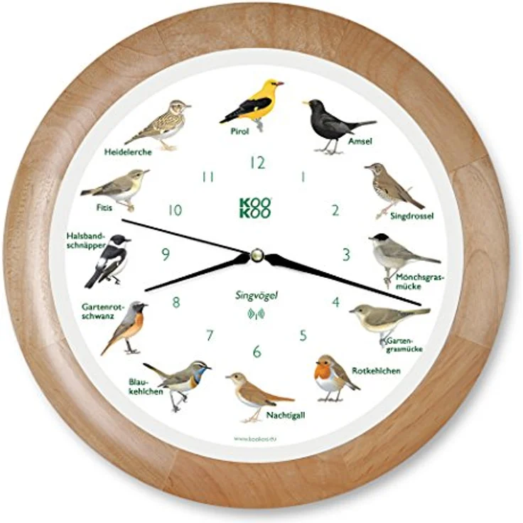 KOOKOO Singvögel Holz, Singende Vogeluhr mit 12 heimischen Singvögeln und natürlichen Vogelstimmen, RC Funkquarzwerk, 34 cm Durchmesser, 1.100 g, Funkuhrwerk – Bild 1