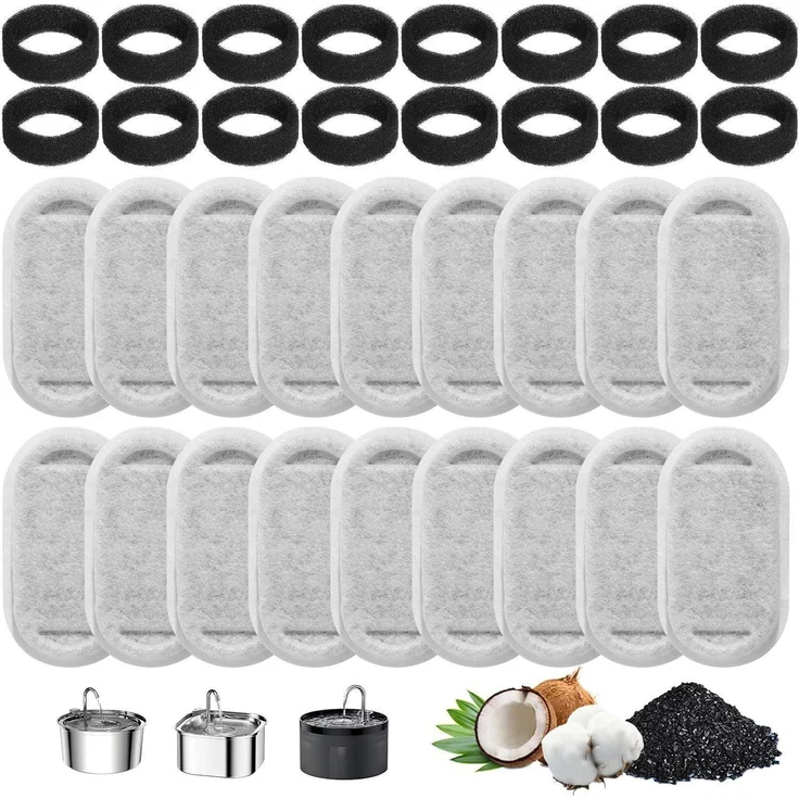 Katzenbrunnen Filter 32 Stück, 4-lagige Hochleistungsfiltration aus Kohle und Schaum, kompatibel mit 3.2L und 2L Edelstahl Trinkbrunnen