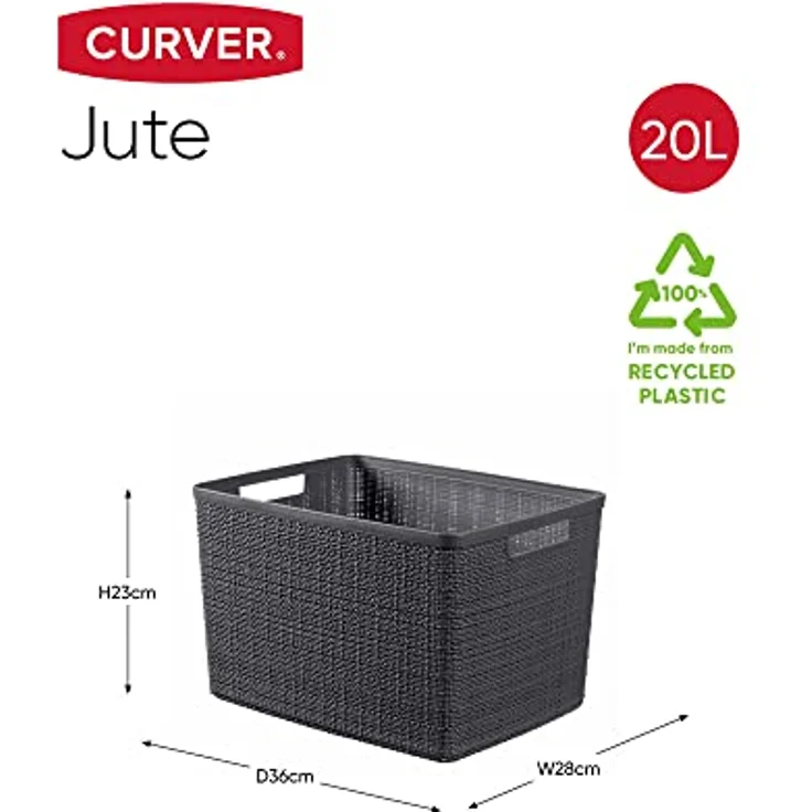 Curver Juliet Jute Korb aus 100% recyceltem Kunststoff, rechteckig, 20 l, Dunkelgrau, L – Bild 2