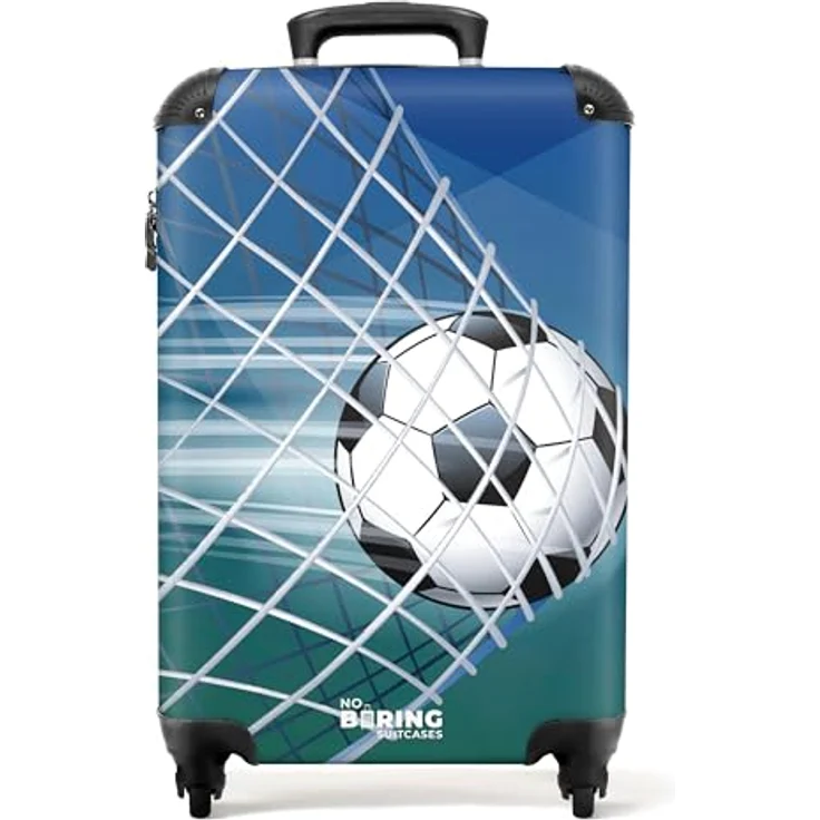 NoBoringSuitcases.com© Kinderkoffer Fußball - Tor - Netz - Schießen - Jungen 55x35x20cm, 4 Rollen, Handgepäck Koffer, Hartschalenkoffer Kinder, Reisekoffer Jungen - Fröhlich buntes Design - Leichtgewicht 2,6kg – Bild 2