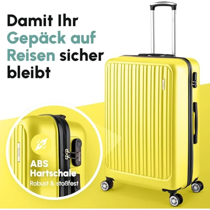 Easy Move ABS Hartschalenkoffer, Mittelgroßer Trolley mit 360° Rädern, integriertes Zahlen-Schloss, Gelb, 65cm – Bild 2