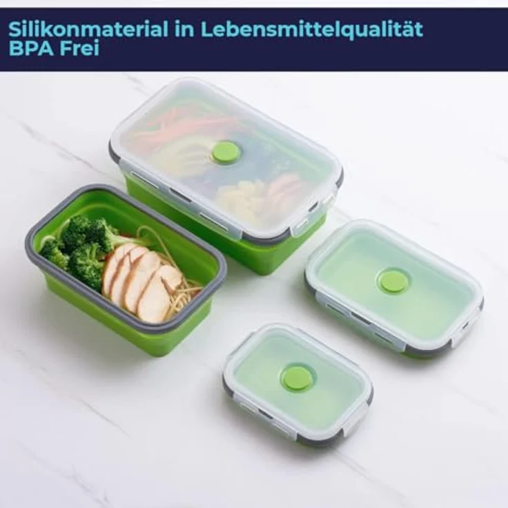 König Design Faltbare Frischhalteboxen 4 Stück aus Silikon - Set mit 4 unterschiedlichen Größen, auslaufsicher, 4-fach-Klick-Verschluss (Grün) – Bild 2