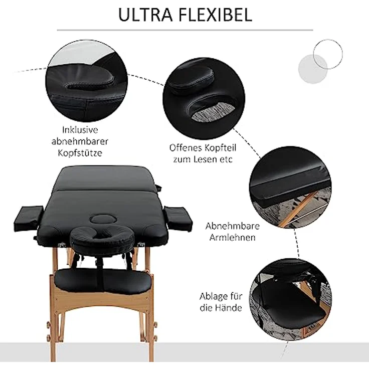 HOMCOM Klappbares Massagebett, Massageliege mit Kopfstütze, Kunstleder, verstellbare Höhe, belastbar bis 250 kg, Schwarz – Bild 4