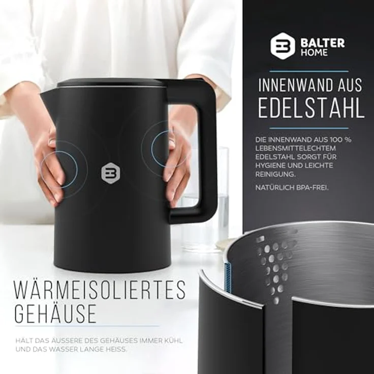 Balter Wasserkocher WK-4, 1,7 L, kabellos, doppelwandig, schwarz – Bild 3