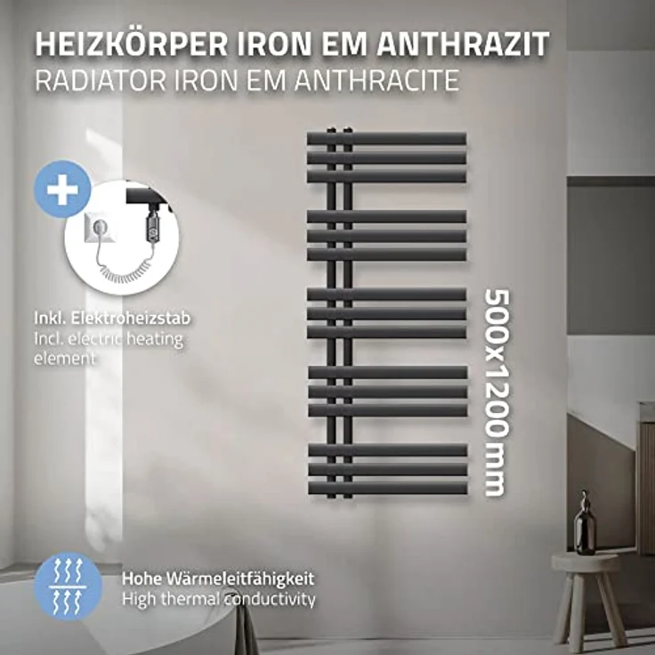 ECD Germany Iron EM Design Badheizkörper Elektrisch mit Heizstab 1200 W - 500 x 1200 mm - Anthrazit - Handtuchwärmer und Heizkörper mit Top Verarbeitung – Bild 3