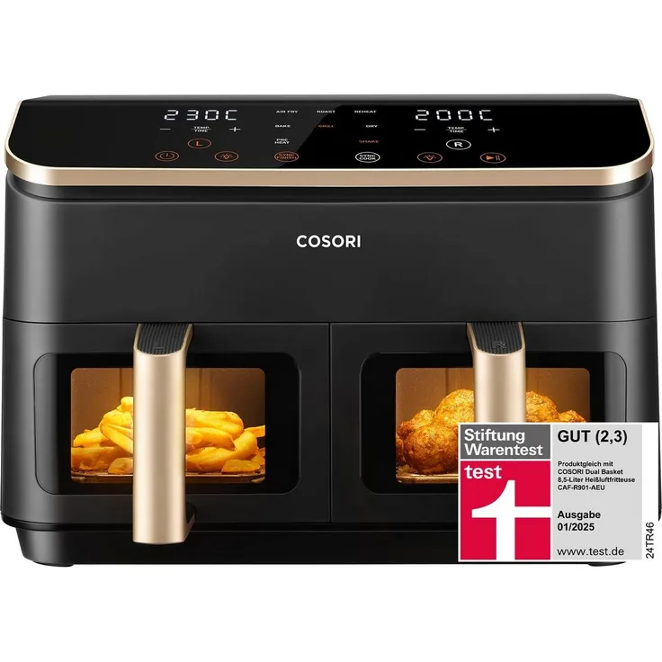 Cosori Heißluftfritteuse 2 Kammern, 6-in-1 Dual Zone, 8,5 L, Doppelkammer mit Sichtfenster, TESTSIEGER, 1750 W, langlebiger Metallgarraum