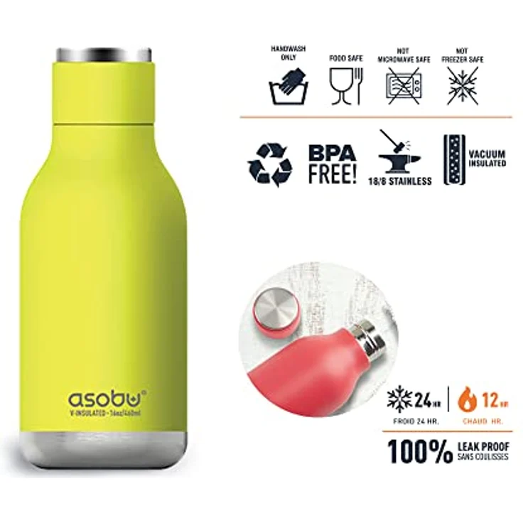 ASOBU Isolierte und doppelwandige Edelstahl-Flasche, 473 ml, von Asobu (Lime), Urban Water Bottle – Bild 2