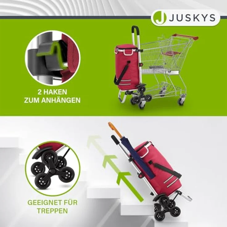 Juskys 3in1 Einkaufstrolley für Treppen - 56 L, modern & klappbar - Treppensteiger Trolley zum Shopping - Sackkarre & Tasche - Trolli Rot – Bild 5