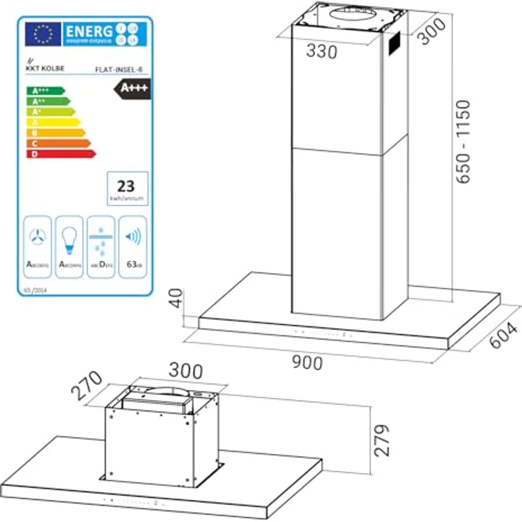 KKT KOLBE Dunstabzugshaube 90cm FLAT-INSEL-6, Deckenmontage mit 9 Leistungsstufen, WLAN-fähig und KKT.Control-App kompatibel, Nachlaufautomatik – Bild 8