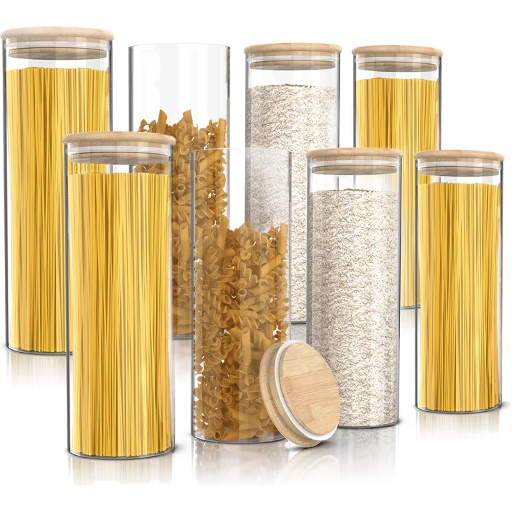 Arendo Vorratsgläser, Glasbehälter-Set 8x 2,2 L aus Borosilikatglas, luftdicht mit Bambusdeckel, mikrowellengeeignet, hitzebeständig