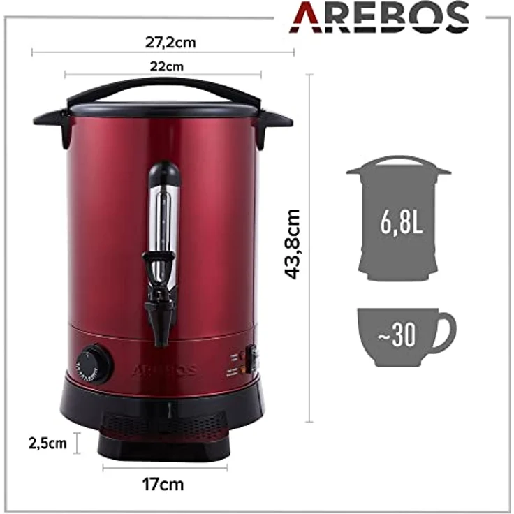 Arebos Glühweinkocher 6,8 L mit Überhitzungsschutz, Temperatureinstellung 30–110 °C, Edelstahl, 950 W – Bild 7