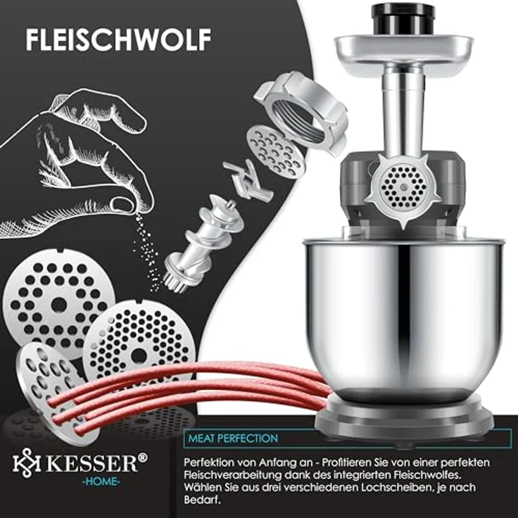KESSER® K-KM 3000, 3 in 1 Universal Küchenmaschine mit 5,5L Edelstahl-Schüssel, Fleischwolf, Entsafter und Zubehör, 1500 Watt, 6 Geschwindigkeitsstufen, Spritzschutz – Bild 3