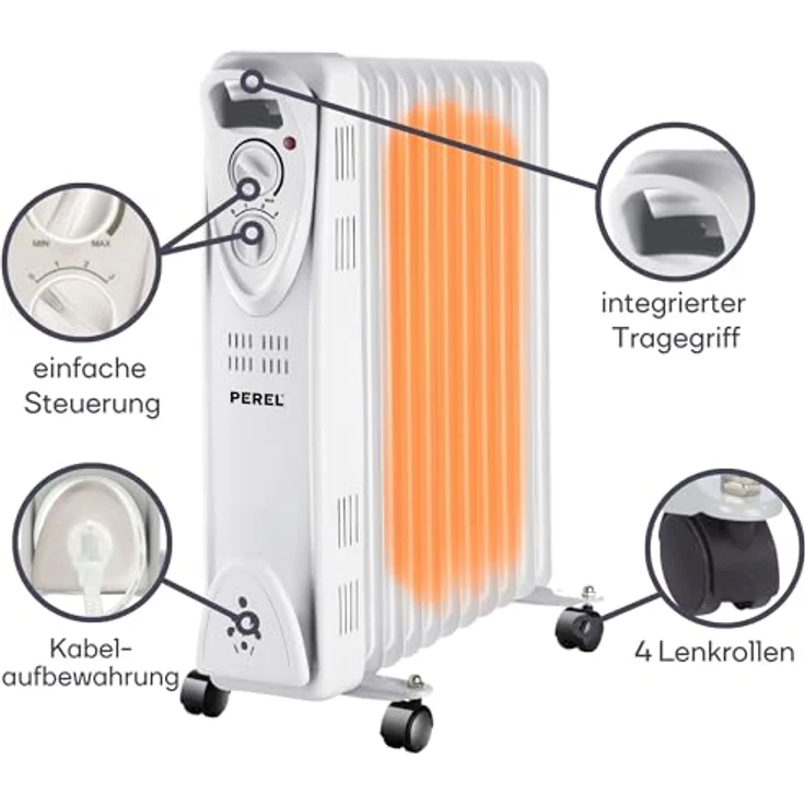 Perel 2500W Öladiatorheizkörper mit Rollen, mobile Thermostat Zusatzheizung elektrisch, Radiator – Bild 5