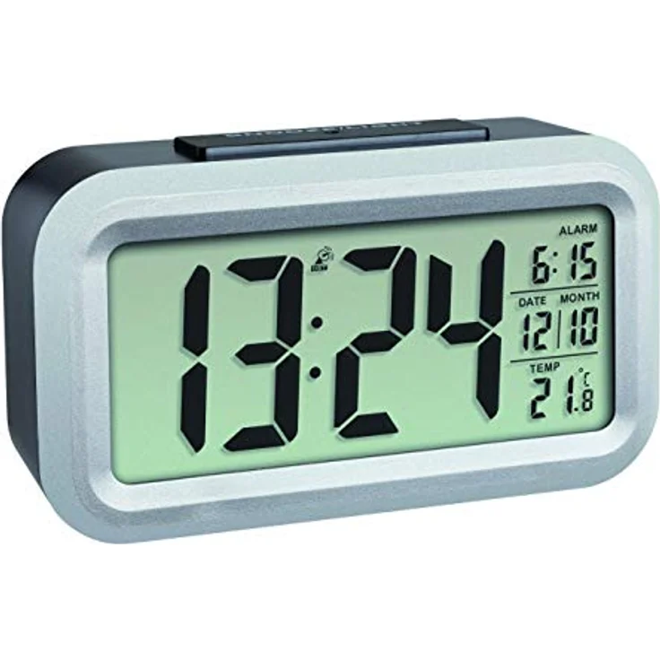 TFA Dostmann Lumio Digitaler Funk Wecker, 60.2553.01, mit Funkuhr, Temperaturanzeige, automatische Hintergrundbeleuchtung, Datumsanzeige, Schlummerfunktion, großes Display, 13,8cm lang, schwarz-silber – Bild 1